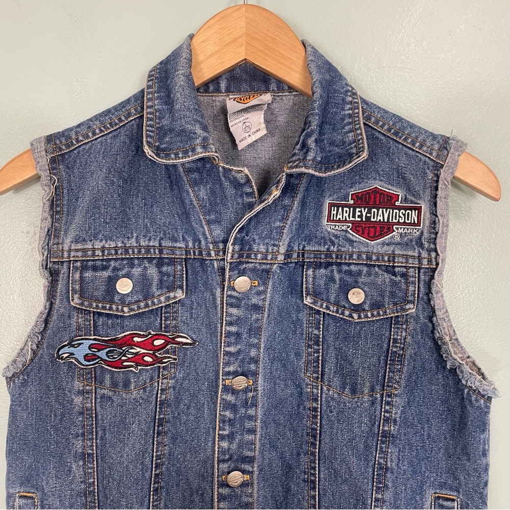 Harley Davidson Denim Jean Vest Button Blue Patches Size Large 14/16 - Picture 2 of 7